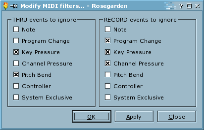 The MIDI filter dialog
