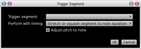 Rosegarden's Trigger Segment dialog, as reached from the matrix editor
